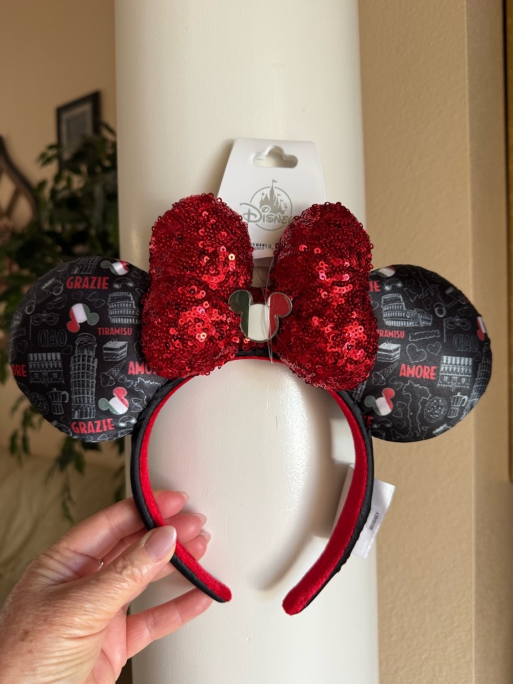 Disney Black w/Red Sequin Bow Minnie Ear Headband Themed Ears- Italy!
